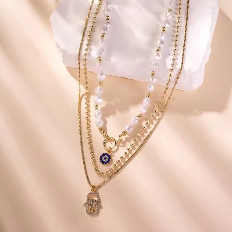 1PC Vintage Geometric Pendant Necklace for Women Lucky Evil Eyes Palm Cross Pearl Zircon Multi-layer Metal Chain Choker Jewelry