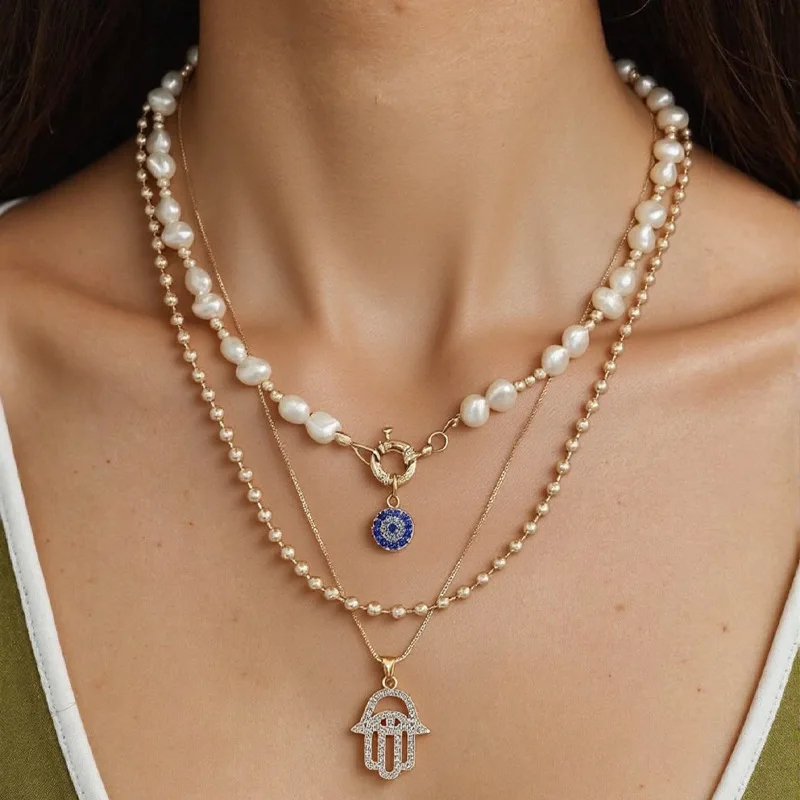 1PC Vintage Geometric Pendant Necklace for Women Lucky Evil Eyes Palm Cross Pearl Zircon Multi-layer Metal Chain Choker Jewelry