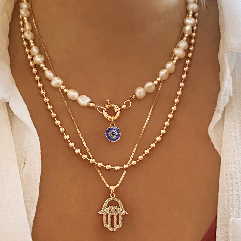 1PC Vintage Geometric Pendant Necklace for Women Lucky Evil Eyes Palm Cross Pearl Zircon Multi-layer Metal Chain Choker Jewelry