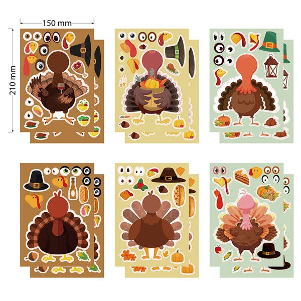 24PCS Cartoon Stickers Thanksgiving Turkey Puzzle DIY Stickers