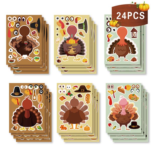 24PCS Cartoon Stickers Thanksgiving Turkey Puzzle DIY Stickers