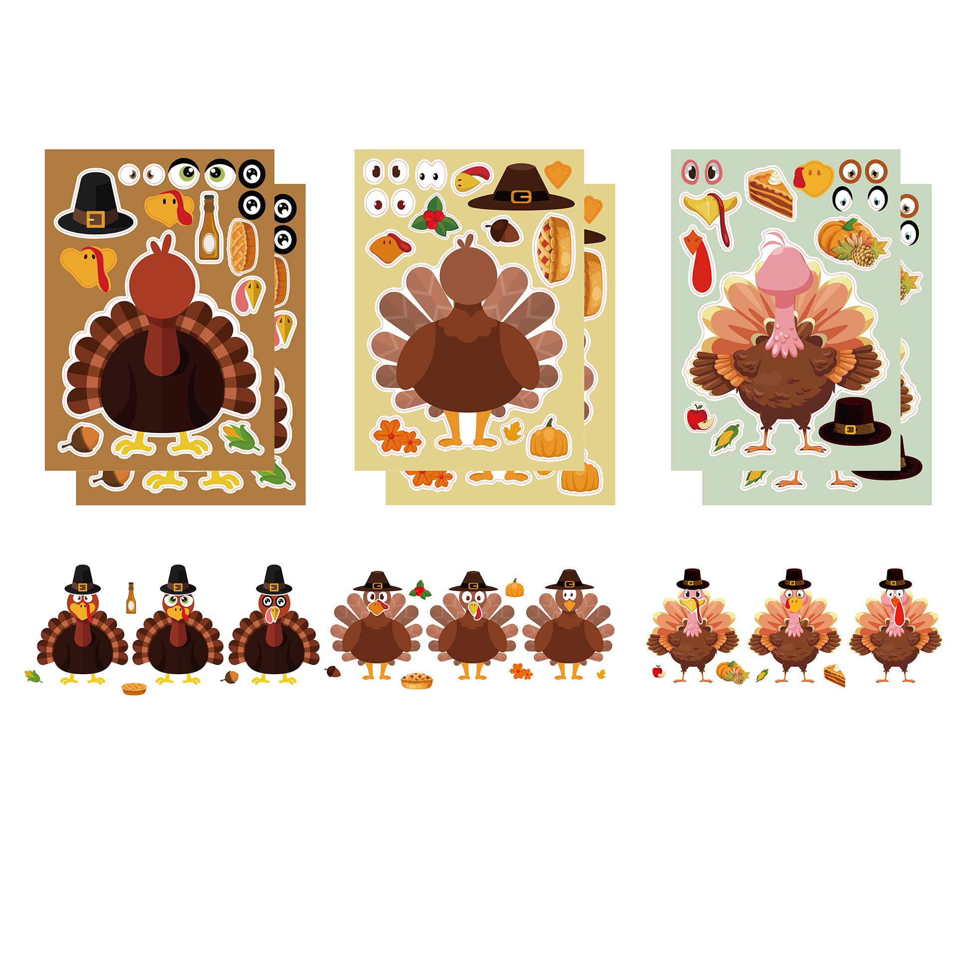 24PCS Cartoon Stickers Thanksgiving Turkey Puzzle DIY Stickers