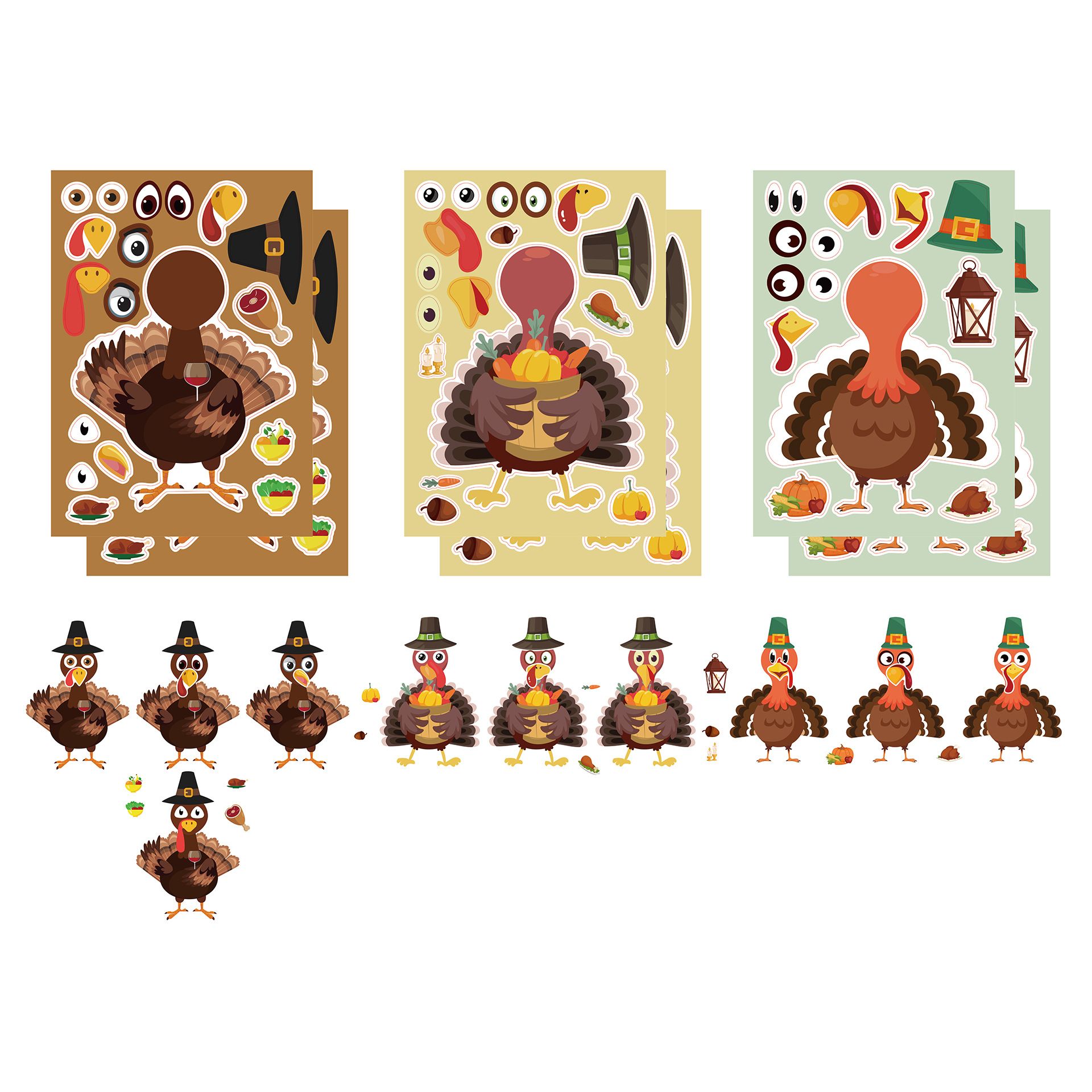 24PCS Cartoon Stickers Thanksgiving Turkey Puzzle DIY Stickers