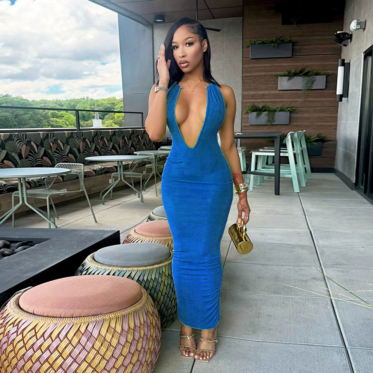 1PC  Joskaa 2025 Women's Sexy Deep V Neck Halter Metallic Chain Backless Bodycon Maxi Dress Beach Holiday Outfits Party Clubwear