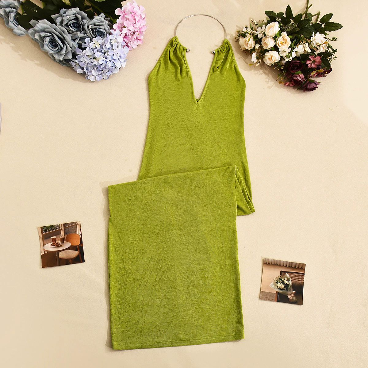 1PC  Joskaa 2025 Women's Sexy Deep V Neck Halter Metallic Chain Backless Bodycon Maxi Dress Beach Holiday Outfits Party Clubwear