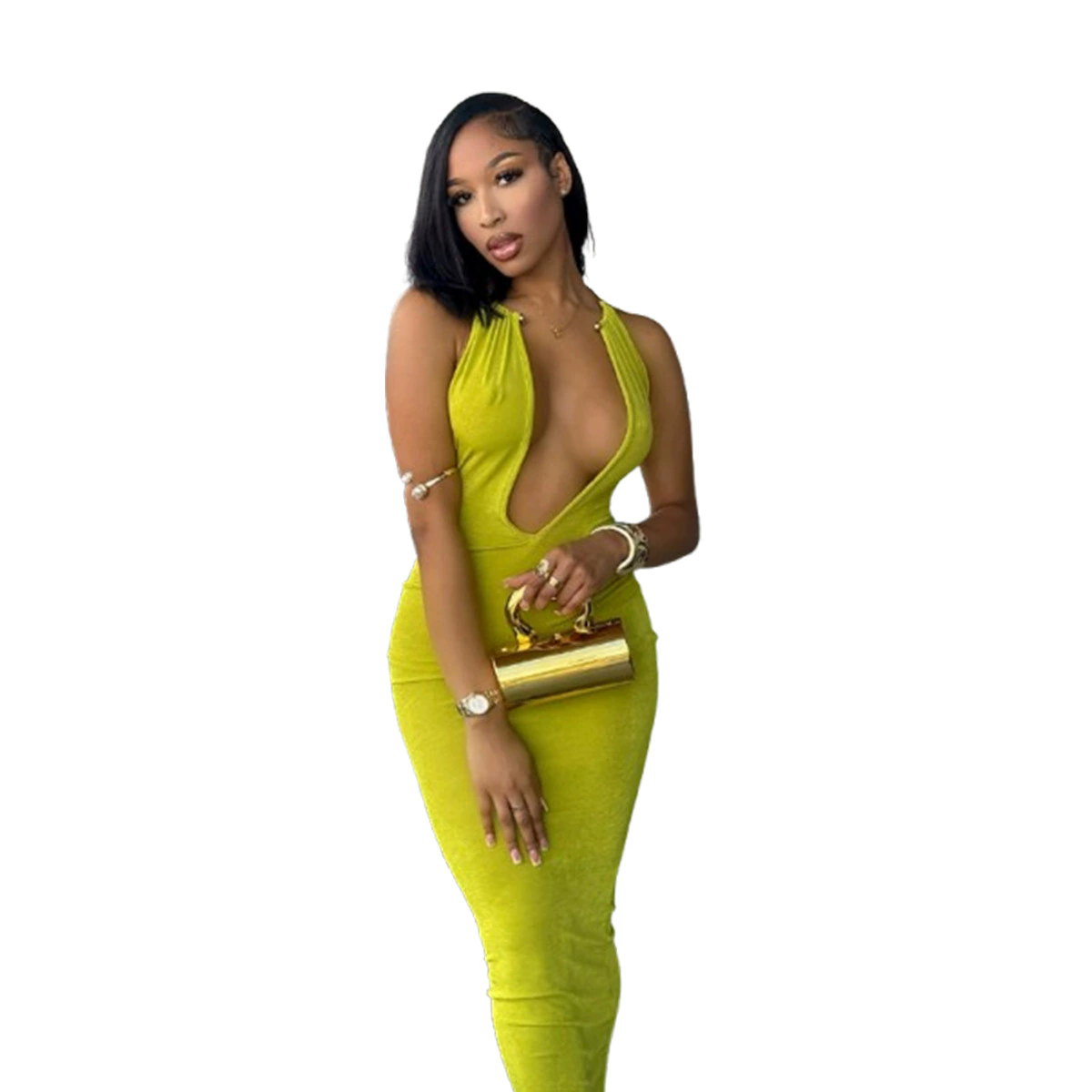 1PC  Joskaa 2025 Women's Sexy Deep V Neck Halter Metallic Chain Backless Bodycon Maxi Dress Beach Holiday Outfits Party Clubwear