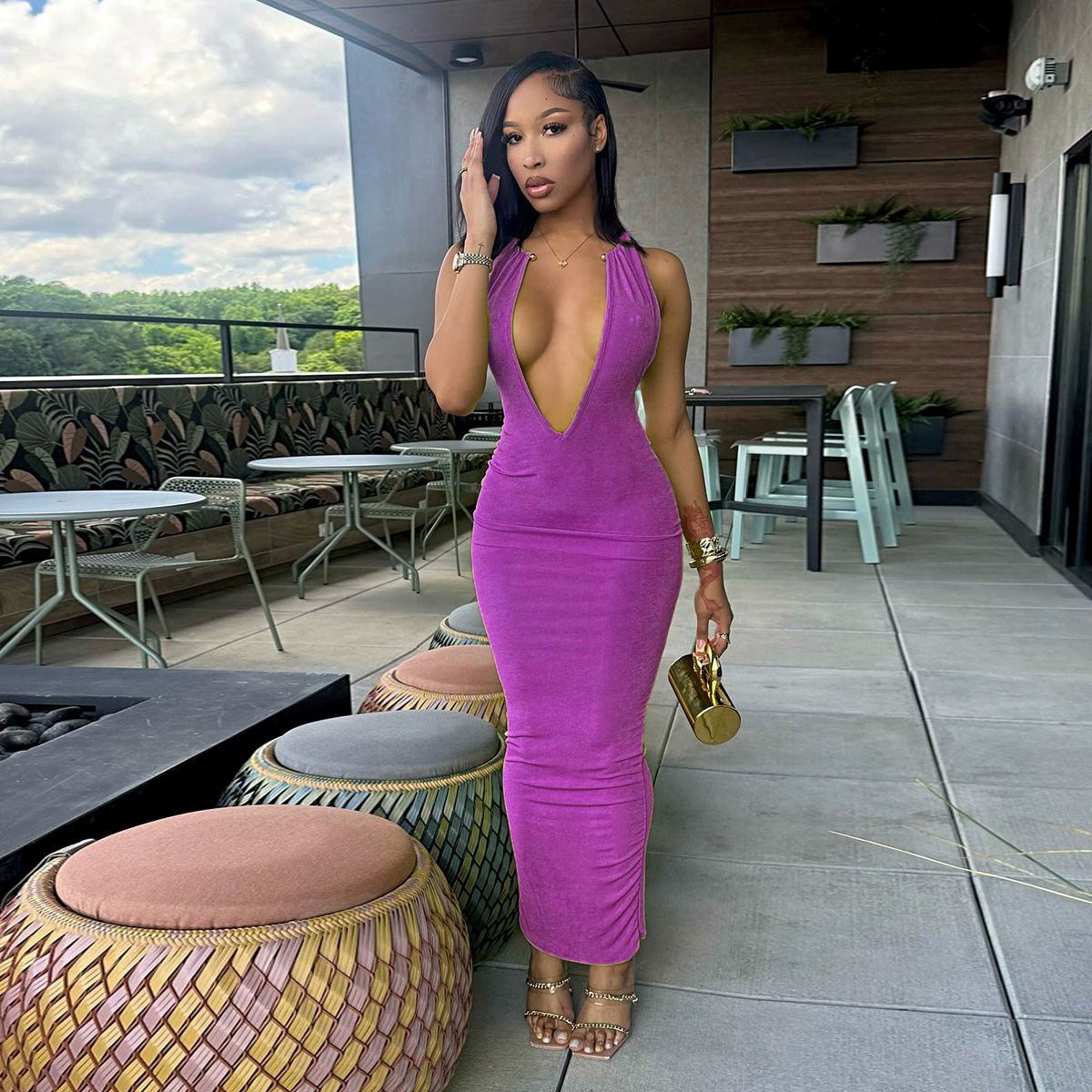 1PC  Joskaa 2025 Women's Sexy Deep V Neck Halter Metallic Chain Backless Bodycon Maxi Dress Beach Holiday Outfits Party Clubwear