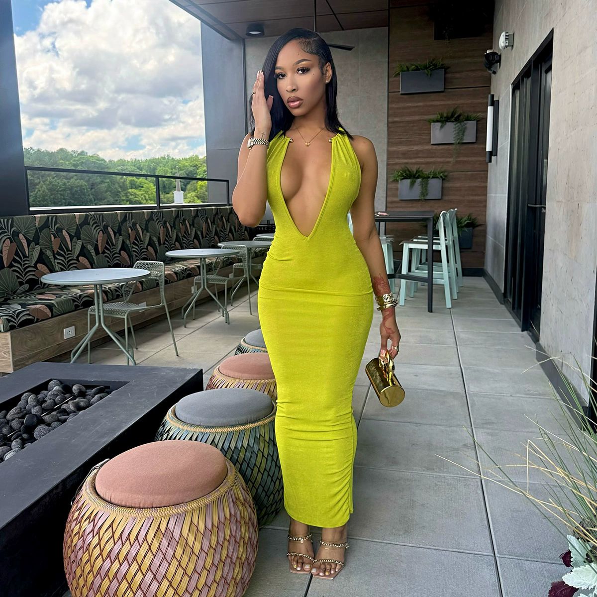 1PC  Joskaa 2025 Women's Sexy Deep V Neck Halter Metallic Chain Backless Bodycon Maxi Dress Beach Holiday Outfits Party Clubwear