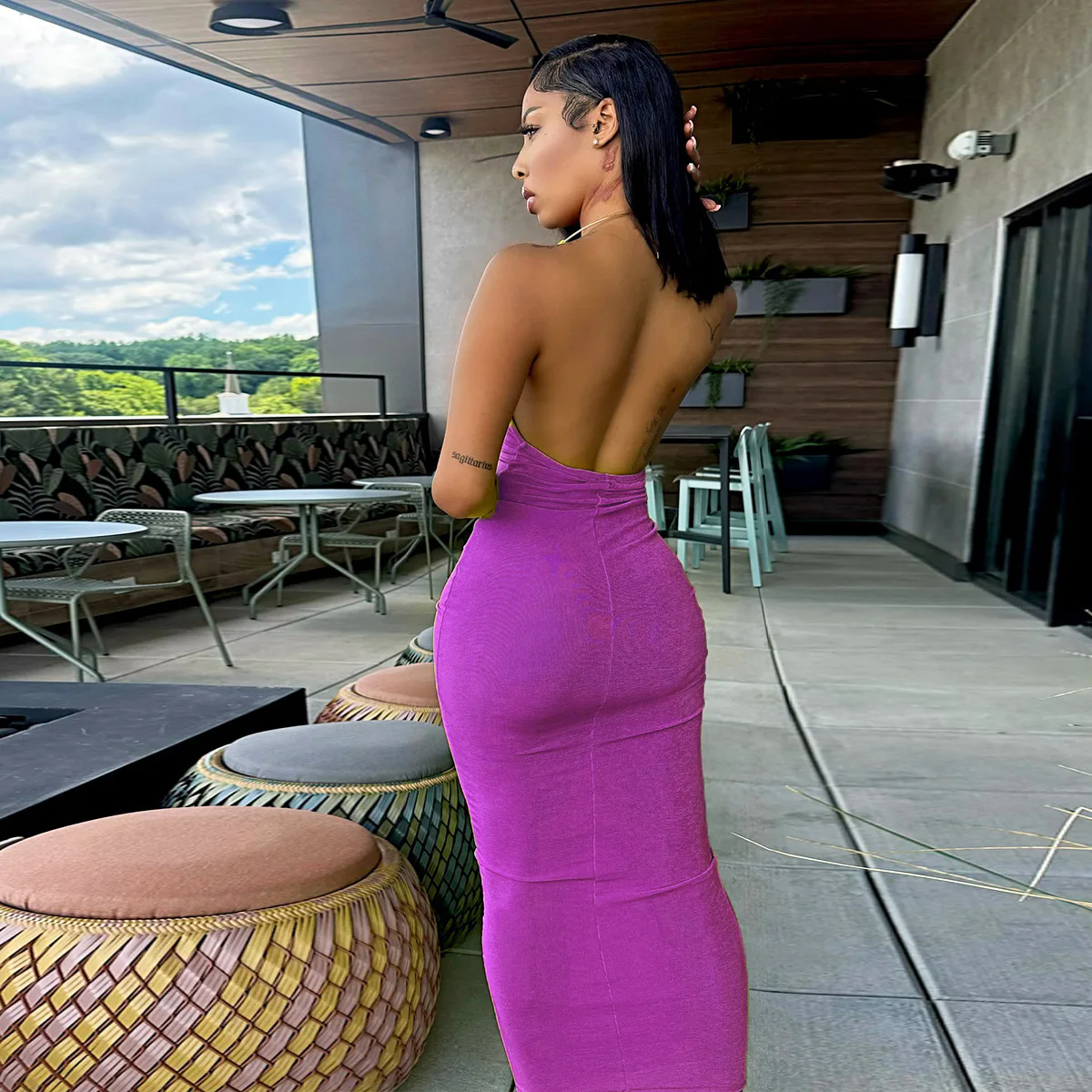 1PC  Joskaa 2025 Women's Sexy Deep V Neck Halter Metallic Chain Backless Bodycon Maxi Dress Beach Holiday Outfits Party Clubwear