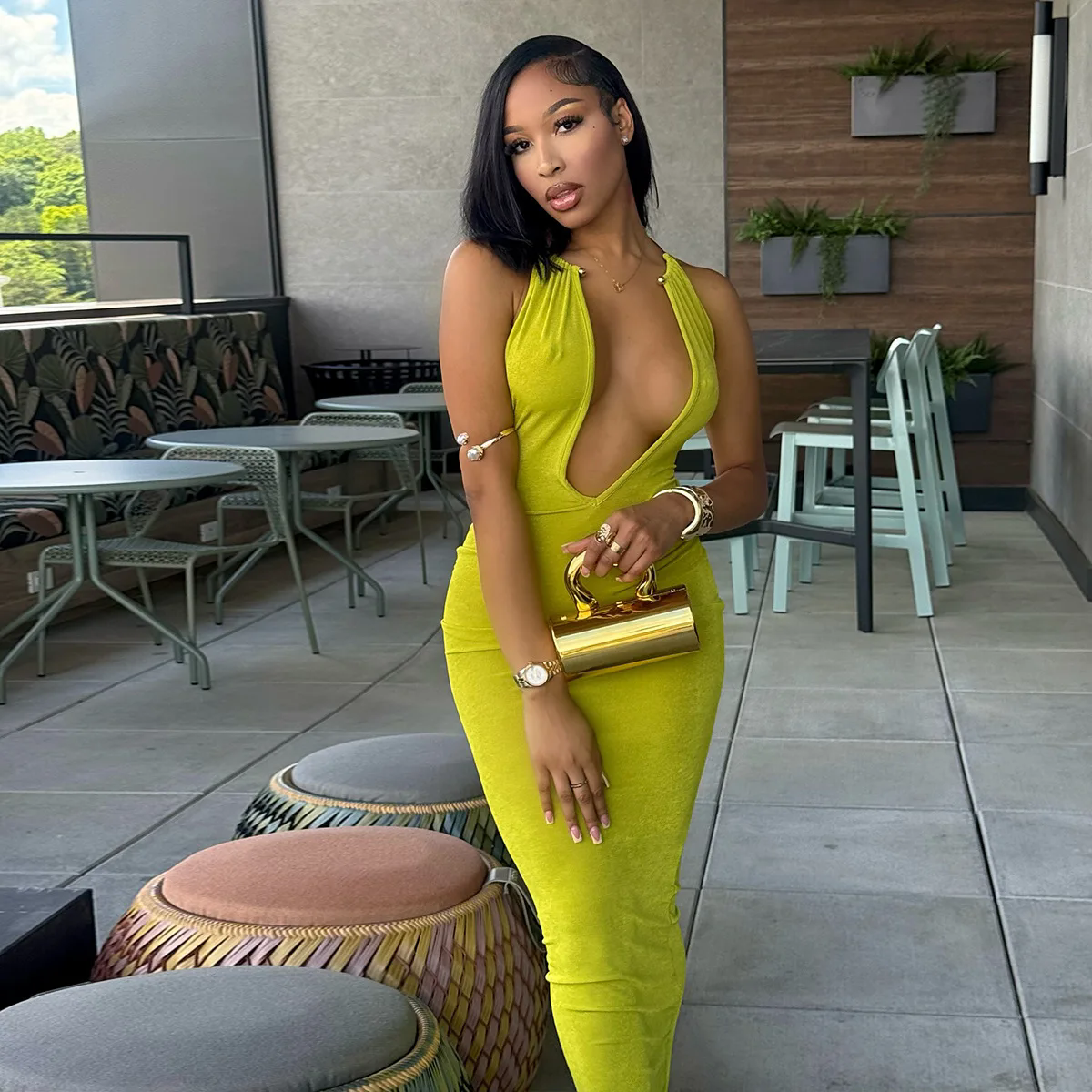 1PC  Joskaa 2025 Women's Sexy Deep V Neck Halter Metallic Chain Backless Bodycon Maxi Dress Beach Holiday Outfits Party Clubwear