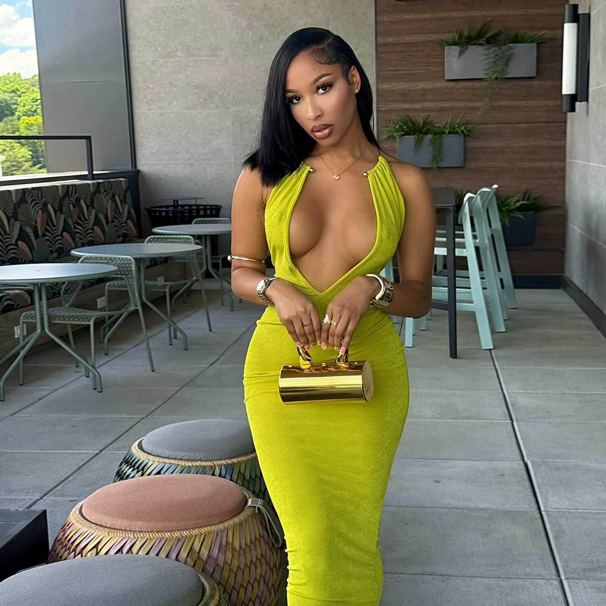 1PC  Joskaa 2025 Women's Sexy Deep V Neck Halter Metallic Chain Backless Bodycon Maxi Dress Beach Holiday Outfits Party Clubwear