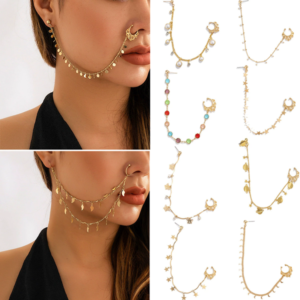 1PC Boho Indian Style Nose Chain Earrings Nose Clip For Women Pearl Butterfly Tassel Nose Ring NonPierceingDangleEarringsJewelry A-2195