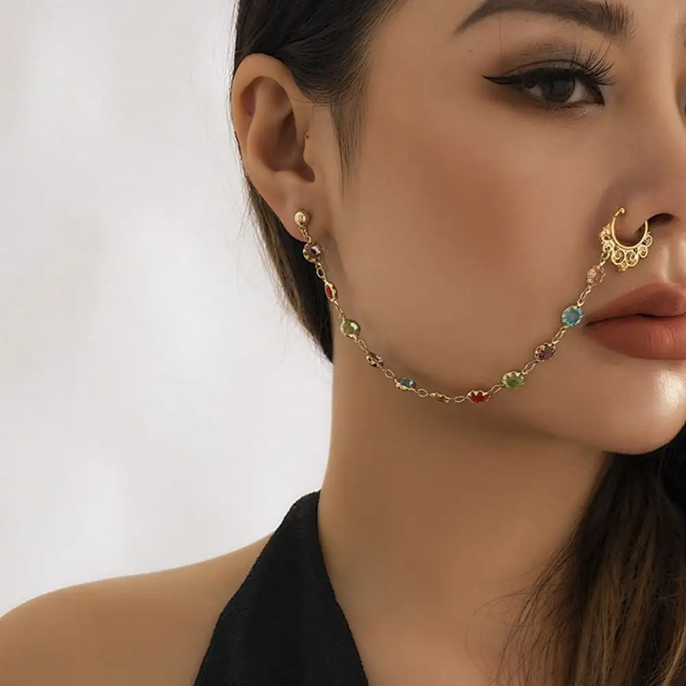 1PC Boho Indian Style Nose Chain Earrings Nose Clip For Women Pearl Butterfly Tassel Nose Ring NonPierceingDangleEarringsJewelry A-2195