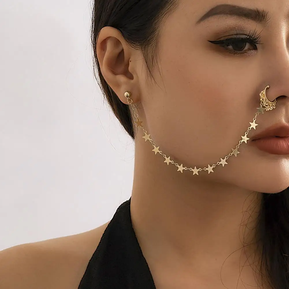 1PC Boho Indian Style Nose Chain Earrings Nose Clip For Women Pearl Butterfly Tassel Nose Ring NonPierceingDangleEarringsJewelry A-2195