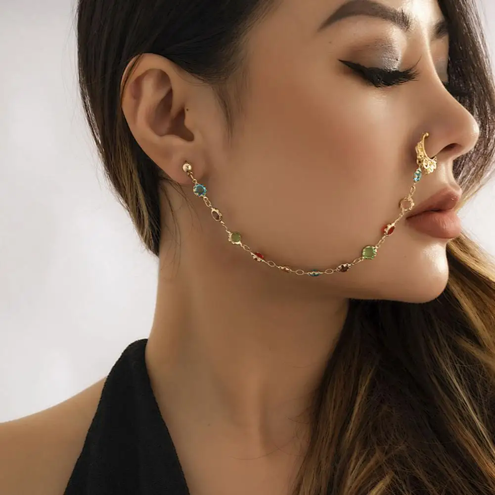 1PC Boho Indian Style Nose Chain Earrings Nose Clip For Women Pearl Butterfly Tassel Nose Ring NonPierceingDangleEarringsJewelry A-2195