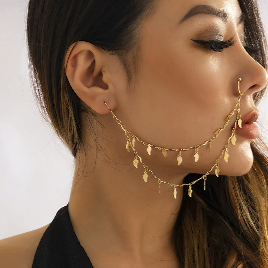 1PC Boho Indian Style Nose Chain Earrings Nose Clip For Women Pearl Butterfly Tassel Nose Ring NonPierceingDangleEarringsJewelry A-2195