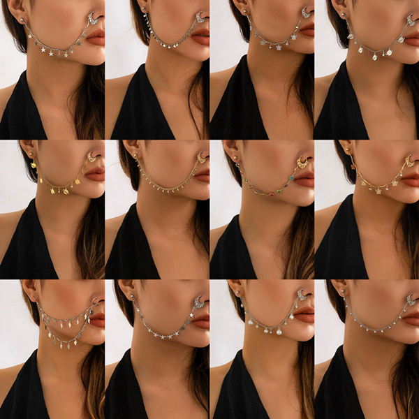 1PC Boho Indian Style Nose Chain Earrings Nose Clip For Women Pearl Butterfly Tassel Nose Ring NonPierceingDangleEarringsJewelry A-2195