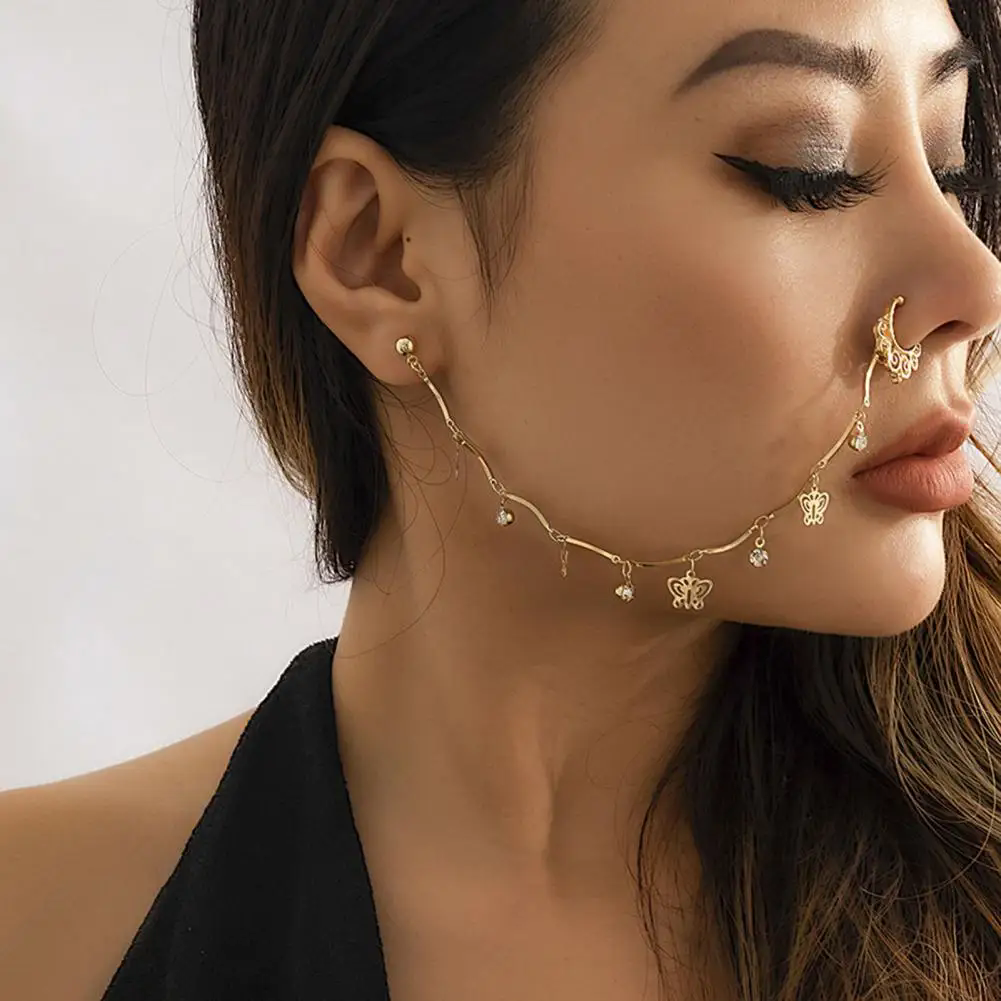 1PC Boho Indian Style Nose Chain Earrings Nose Clip For Women Pearl Butterfly Tassel Nose Ring NonPierceingDangleEarringsJewelry A-2195