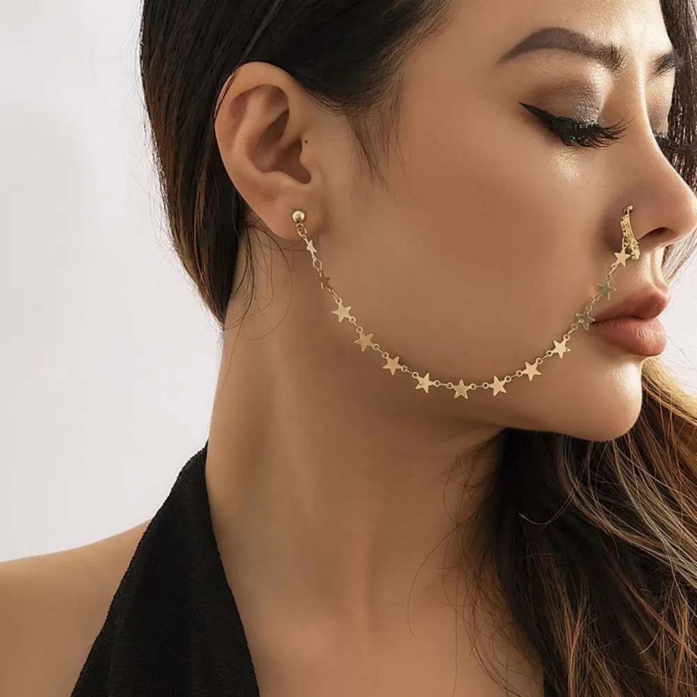 1PC Boho Indian Style Nose Chain Earrings Nose Clip For Women Pearl Butterfly Tassel Nose Ring NonPierceingDangleEarringsJewelry A-2195