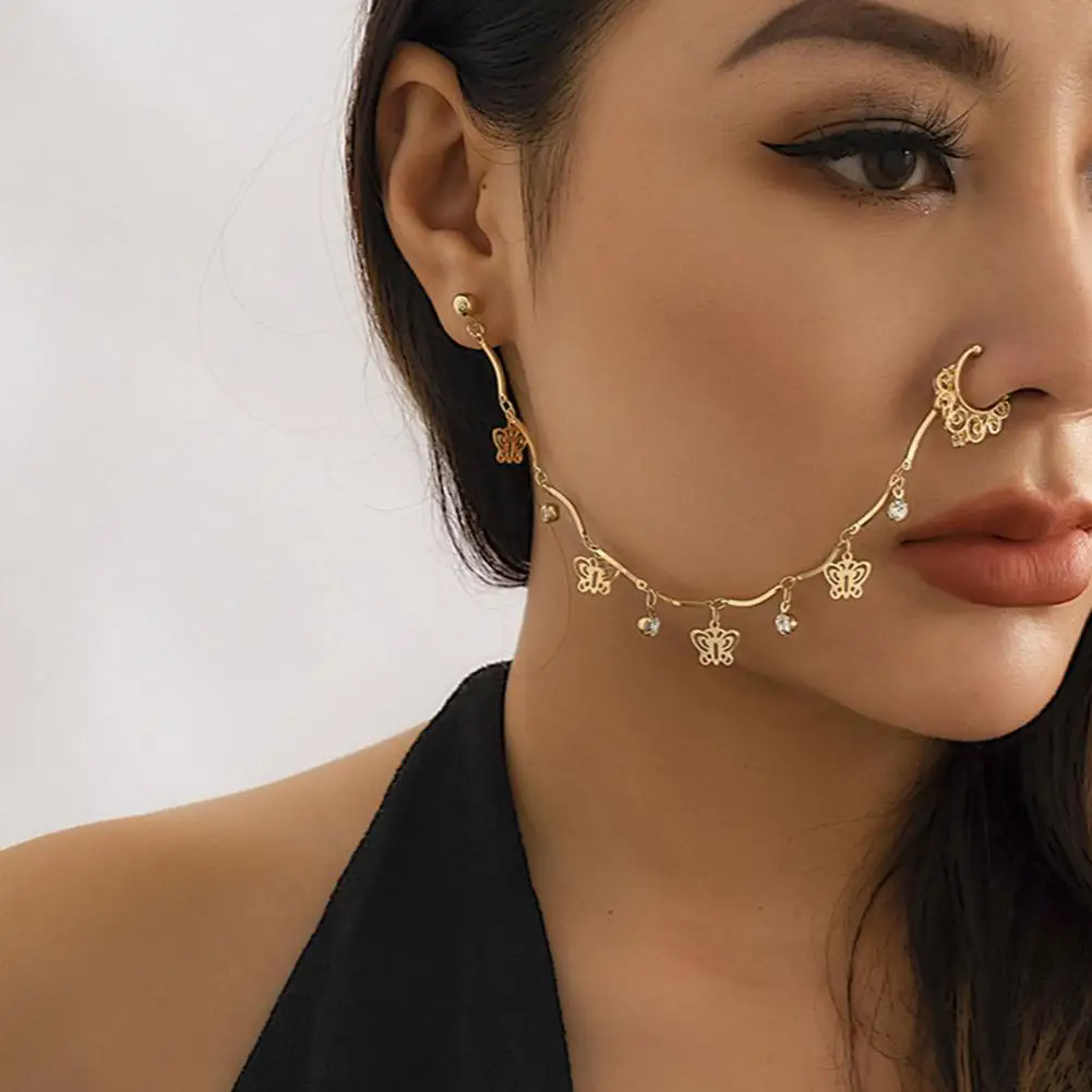 1PC Boho Indian Style Nose Chain Earrings Nose Clip For Women Pearl Butterfly Tassel Nose Ring NonPierceingDangleEarringsJewelry A-2195