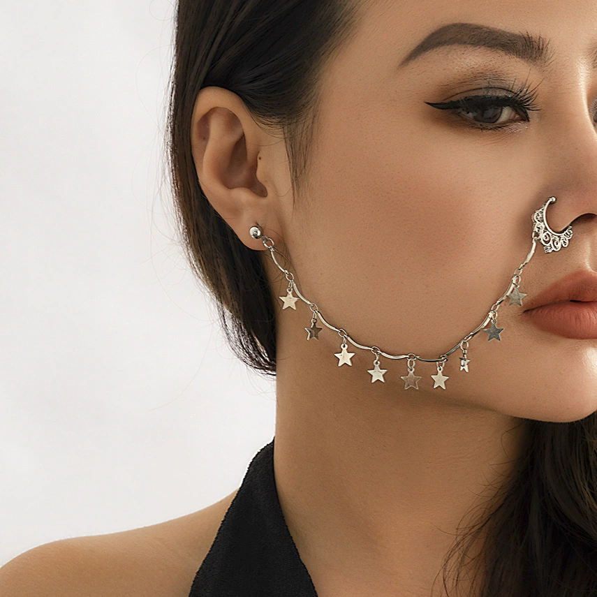 1PC Boho Indian Style Nose Chain Earrings Nose Clip For Women Pearl Butterfly Tassel Nose Ring NonPierceingDangleEarringsJewelry A-2195