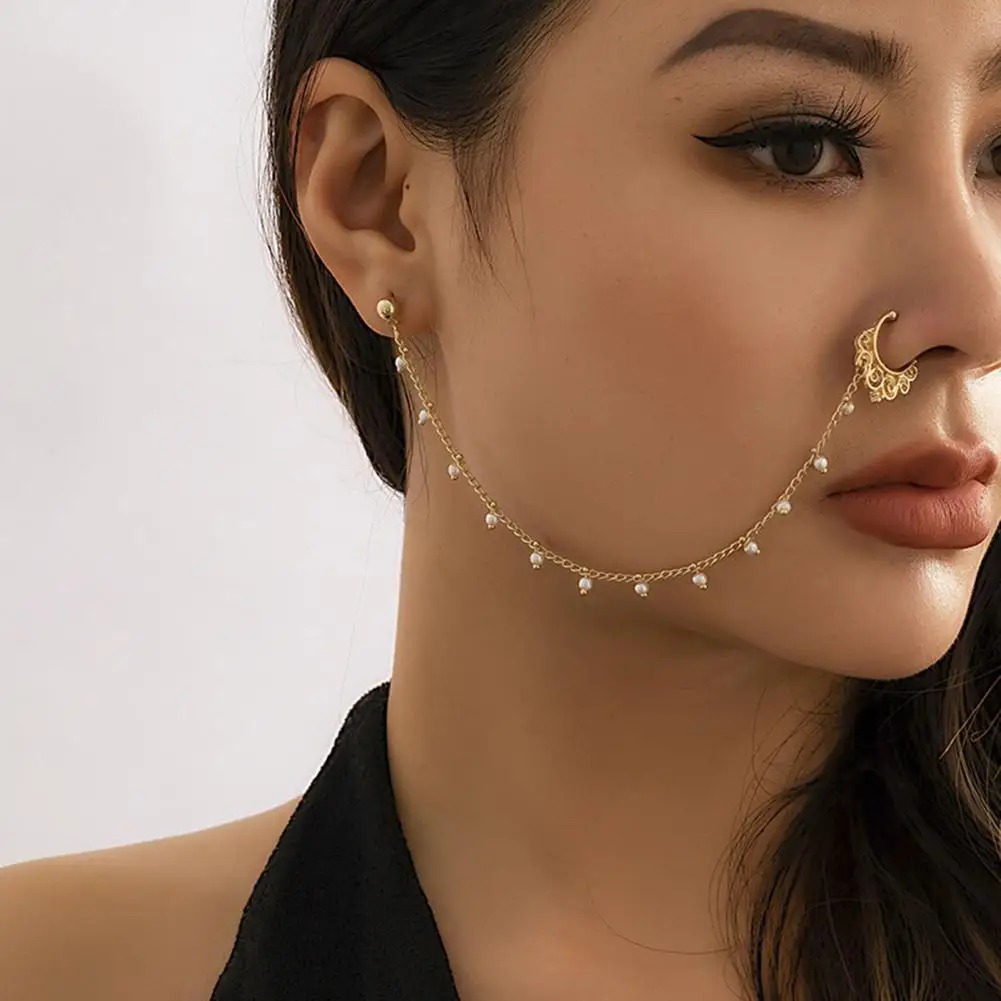1PC Boho Indian Style Nose Chain Earrings Nose Clip For Women Pearl Butterfly Tassel Nose Ring NonPierceingDangleEarringsJewelry A-2195