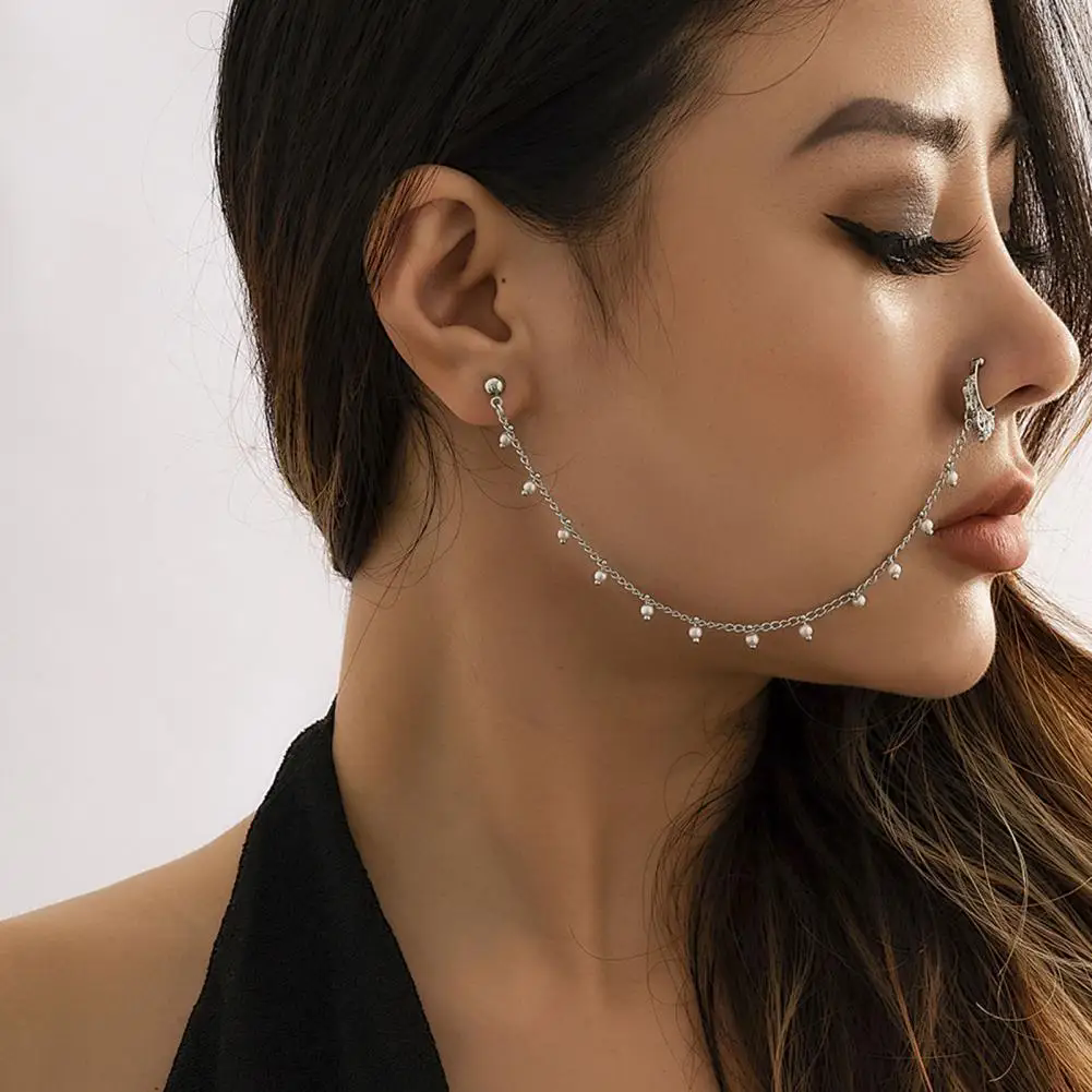 1PC Boho Indian Style Nose Chain Earrings Nose Clip For Women Pearl Butterfly Tassel Nose Ring NonPierceingDangleEarringsJewelry A-2195