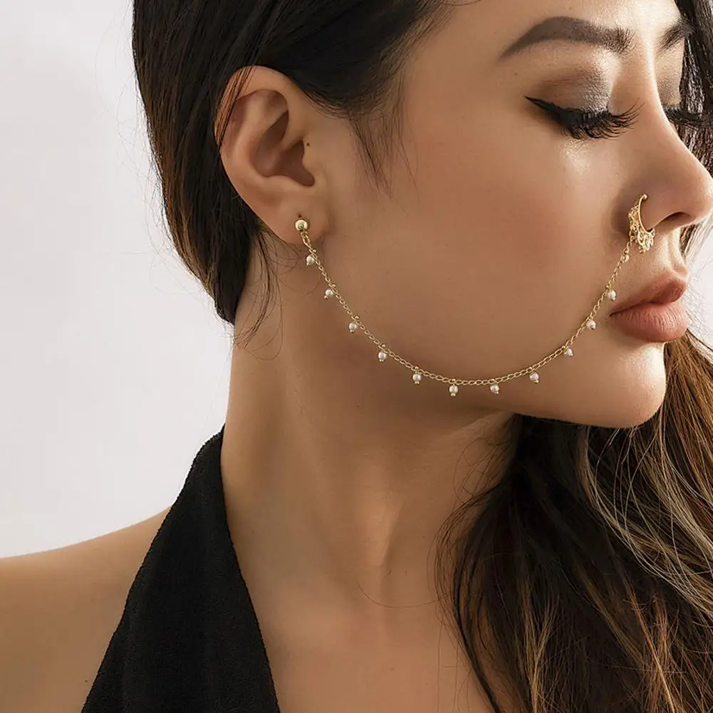 1PC Boho Indian Style Nose Chain Earrings Nose Clip For Women Pearl Butterfly Tassel Nose Ring NonPierceingDangleEarringsJewelry A-2195
