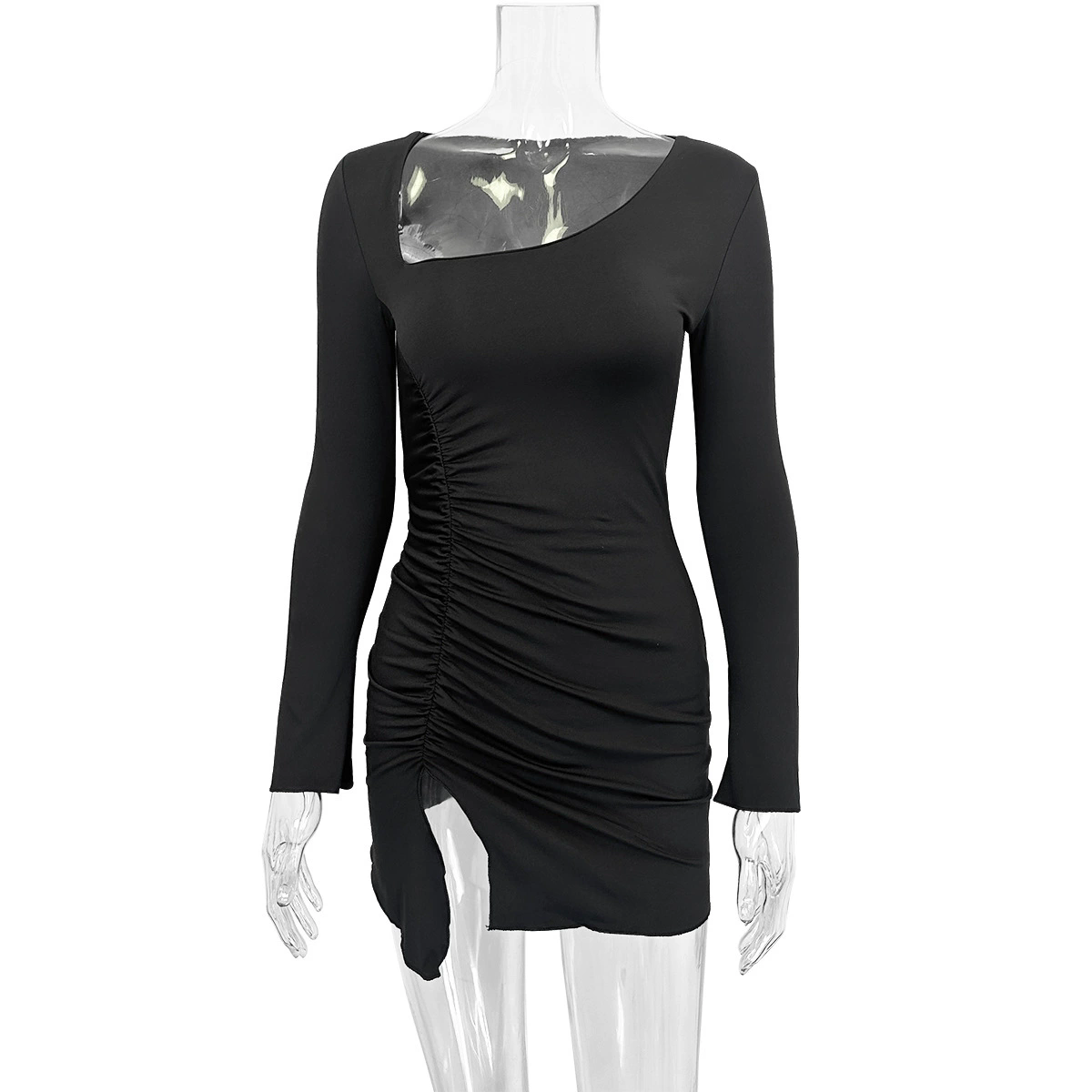 1PC  2025 NEW Best Seller Women's Long Sleeve Mini Dress Sexy Side Slit Fashionable Autumn European Style Sleeveless Wrinkled