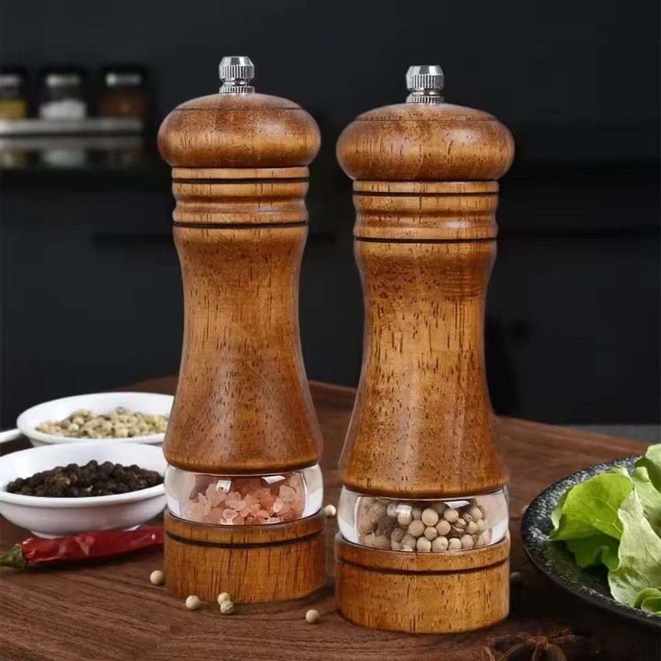 1PC6-inch Manual Pepper Grinder Rubber Wood Acrylic Salt Shakers Adjustable CeramicRotor-RefillableOak Spice Salt GrindingBottle