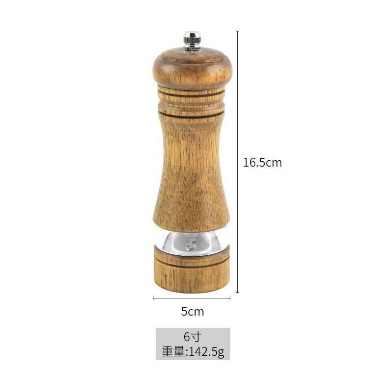 1PC6-inch Manual Pepper Grinder Rubber Wood Acrylic Salt Shakers Adjustable CeramicRotor-RefillableOak Spice Salt GrindingBottle