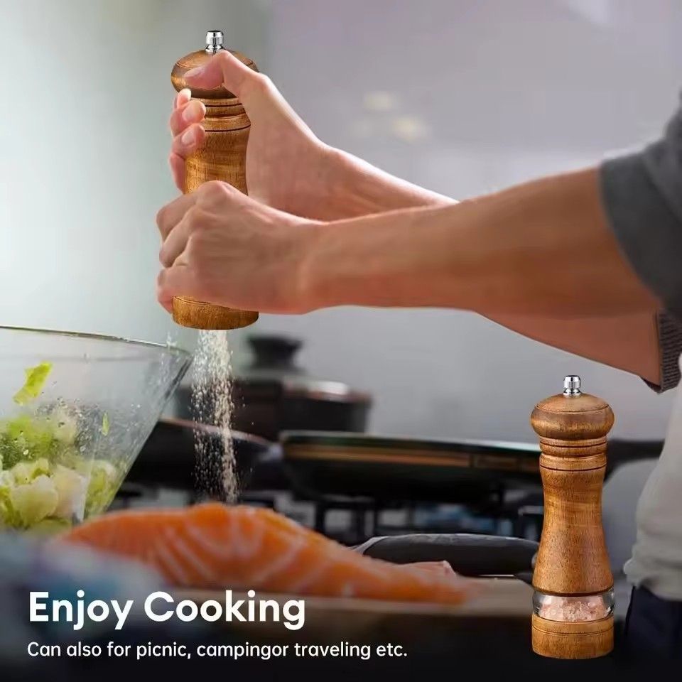1PC6-inch Manual Pepper Grinder Rubber Wood Acrylic Salt Shakers Adjustable CeramicRotor-RefillableOak Spice Salt GrindingBottle