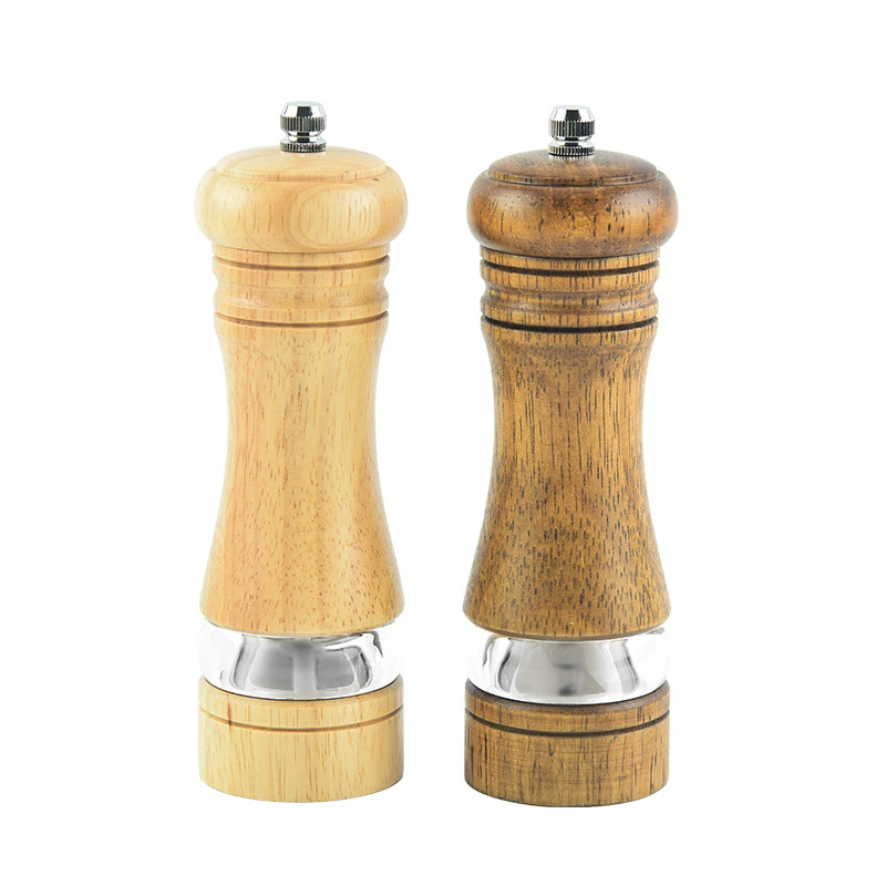 1PC6-inch Manual Pepper Grinder Rubber Wood Acrylic Salt Shakers Adjustable CeramicRotor-RefillableOak Spice Salt GrindingBottle