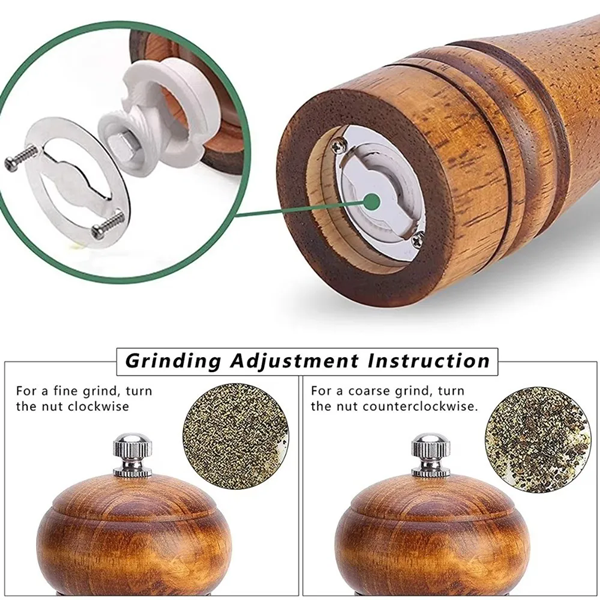 1PC6-inch Manual Pepper Grinder Rubber Wood Acrylic Salt Shakers Adjustable CeramicRotor-RefillableOak Spice Salt GrindingBottle