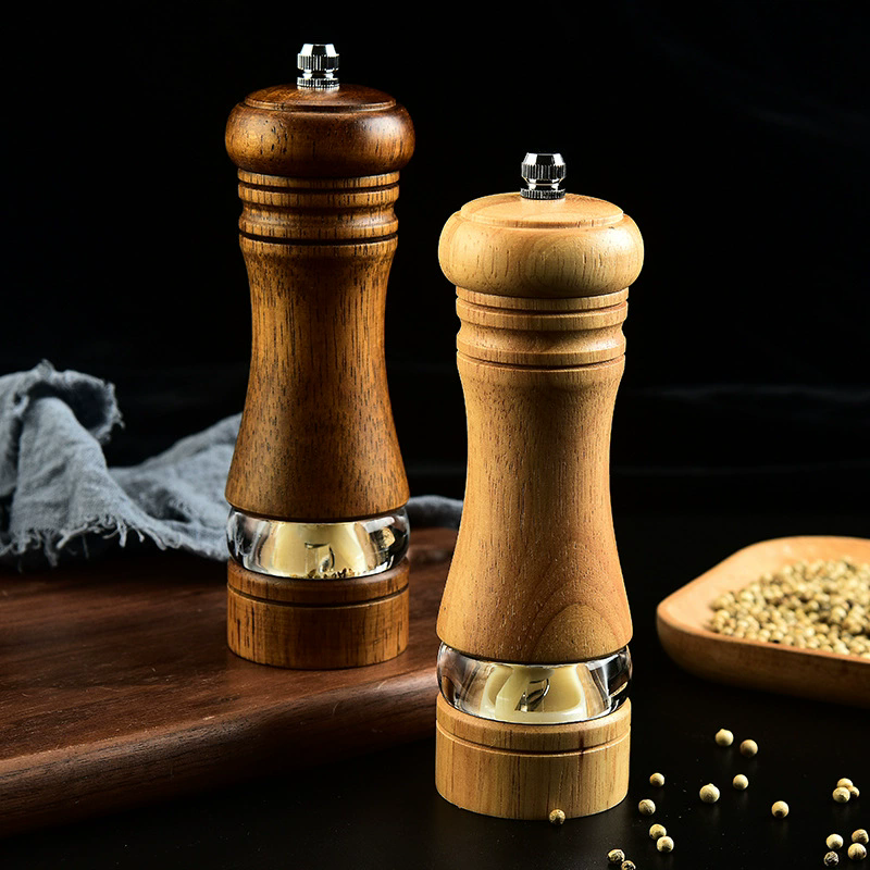 1PC6-inch Manual Pepper Grinder Rubber Wood Acrylic Salt Shakers Adjustable CeramicRotor-RefillableOak Spice Salt GrindingBottle