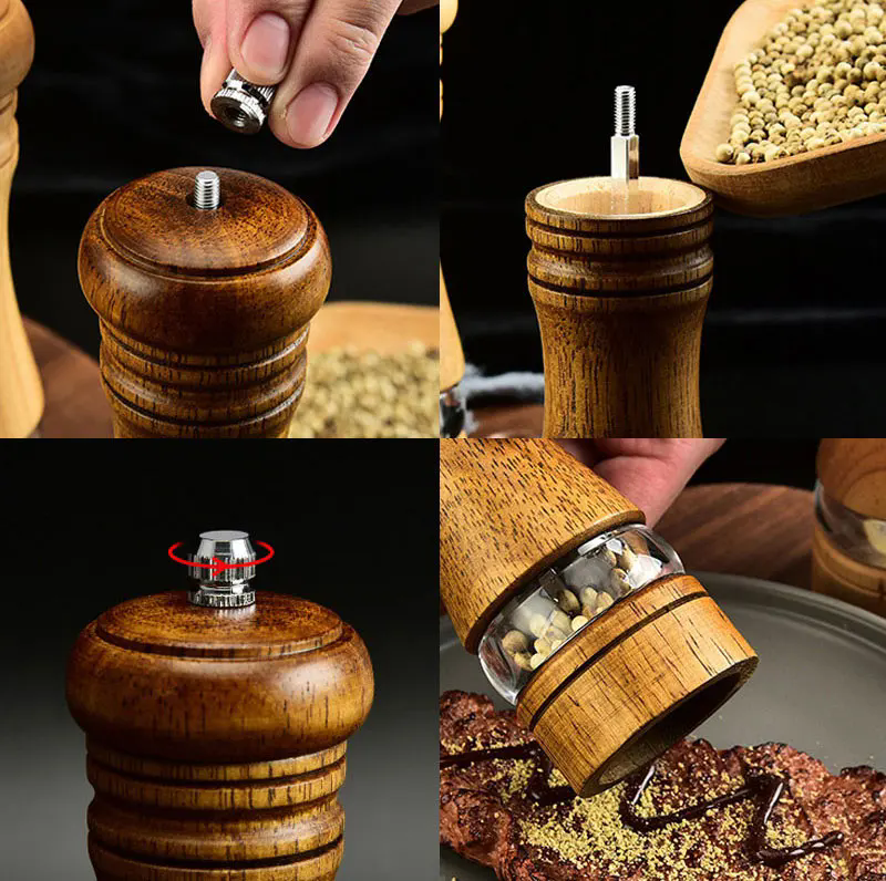1PC6-inch Manual Pepper Grinder Rubber Wood Acrylic Salt Shakers Adjustable CeramicRotor-RefillableOak Spice Salt GrindingBottle