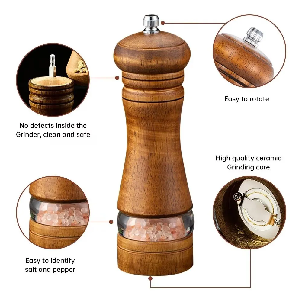 1PC6-inch Manual Pepper Grinder Rubber Wood Acrylic Salt Shakers Adjustable CeramicRotor-RefillableOak Spice Salt GrindingBottle