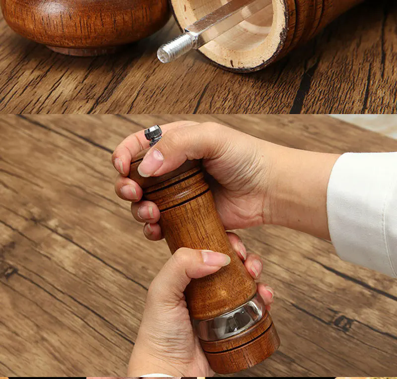 1PC6-inch Manual Pepper Grinder Rubber Wood Acrylic Salt Shakers Adjustable CeramicRotor-RefillableOak Spice Salt GrindingBottle
