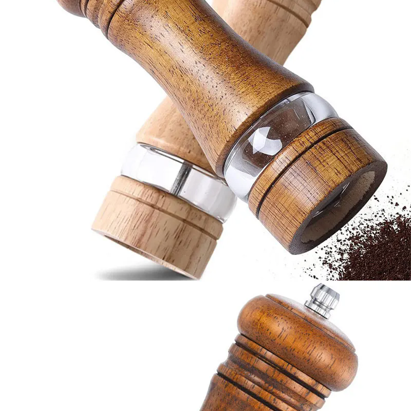 1PC6-inch Manual Pepper Grinder Rubber Wood Acrylic Salt Shakers Adjustable CeramicRotor-RefillableOak Spice Salt GrindingBottle