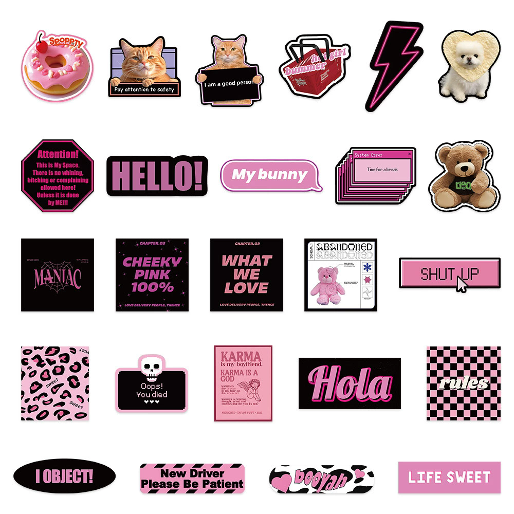 55PCS  Pink Black Style Cool Cartoon Graffiti Stickers Phone Guitar Laptop Notebook Suitcase Cup Waterproof Sticker Decals H-25