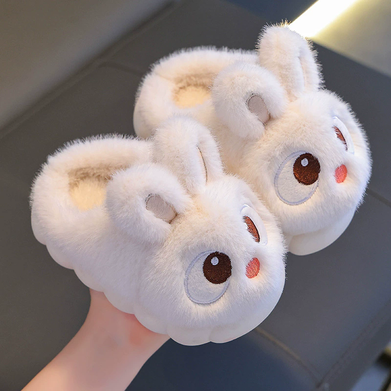 New Winter Cute Big eyed Rabbit Children's Waterproof Warm Non-slip Fluffy Slippers For Girls Boys Kids Indoor Home Cotton Shoes