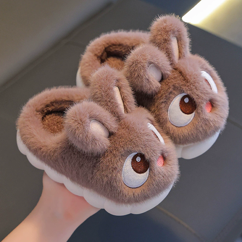 New Winter Cute Big eyed Rabbit Children's Waterproof Warm Non-slip Fluffy Slippers For Girls Boys Kids Indoor Home Cotton Shoes