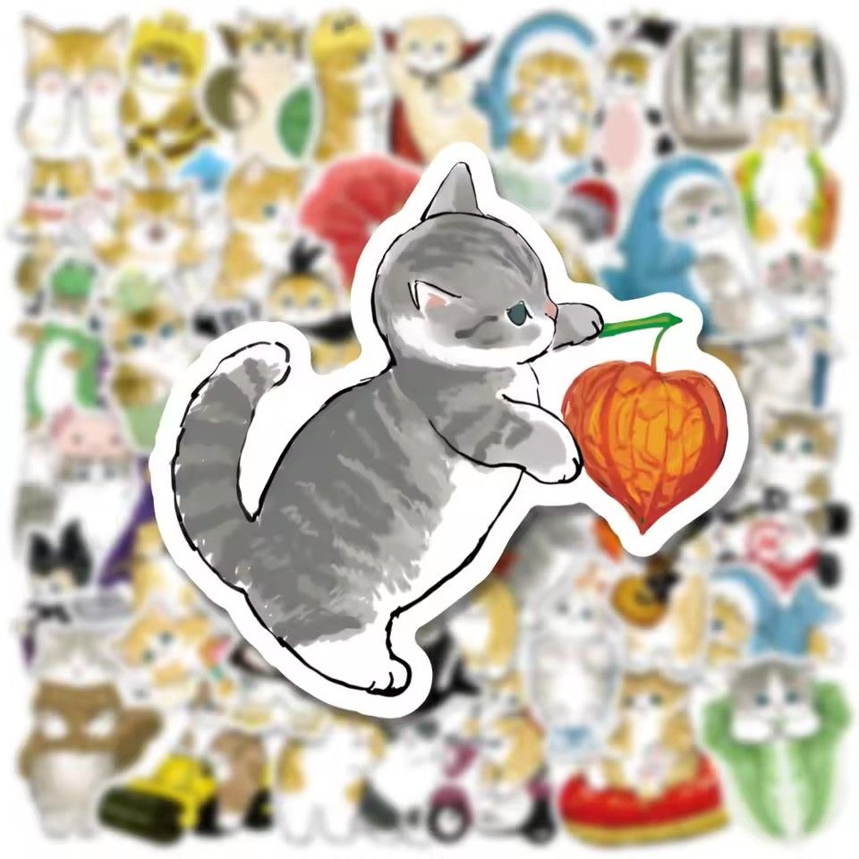 50Pcs Kawaii Cat Cartoon Sticker Cute Animal Decals Kids Toys DIY Scrapbook Laptop Stationary Guitar Suitcase Car Sticker