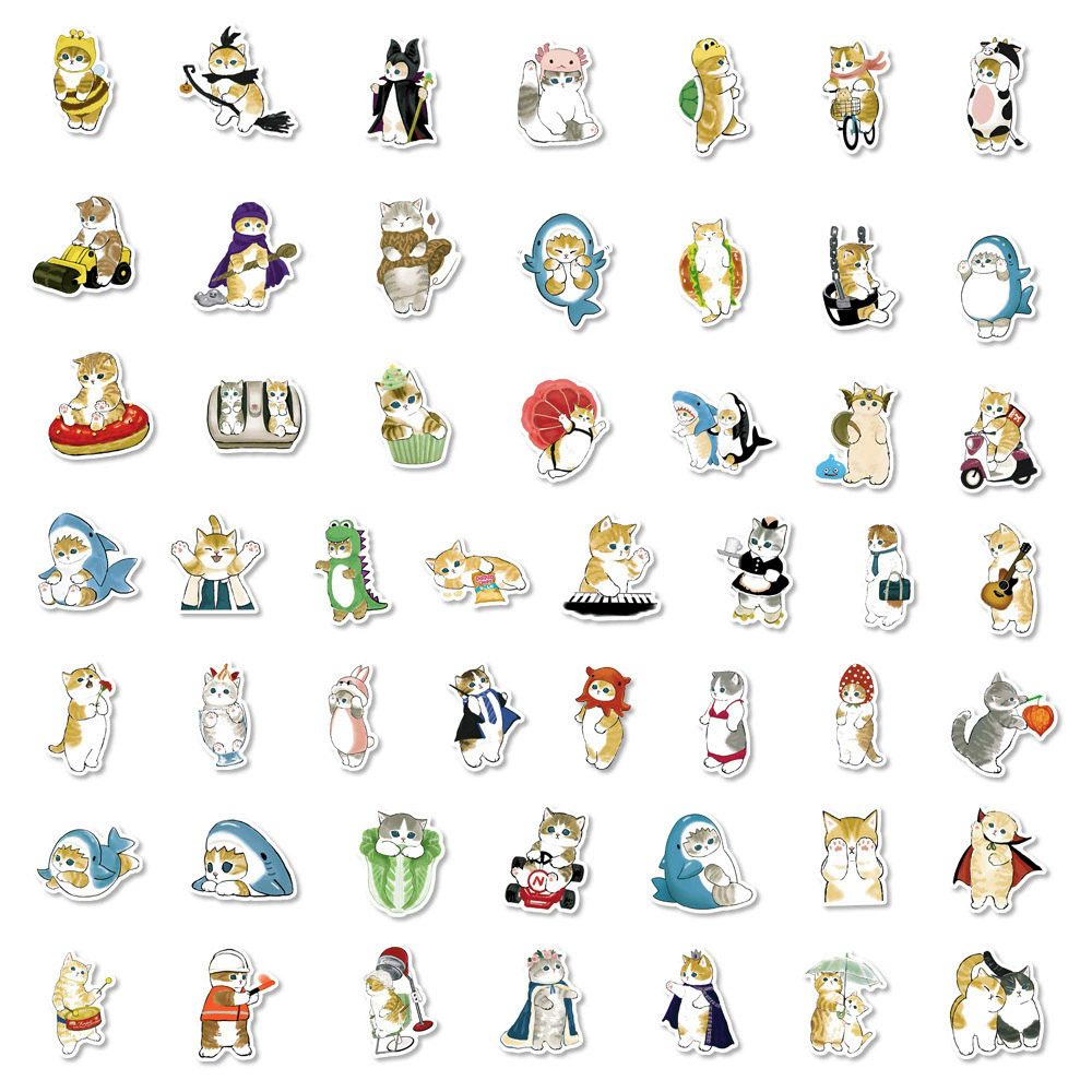 50Pcs Kawaii Cat Cartoon Sticker Cute Animal Decals Kids Toys DIY Scrapbook Laptop Stationary Guitar Suitcase Car Sticker