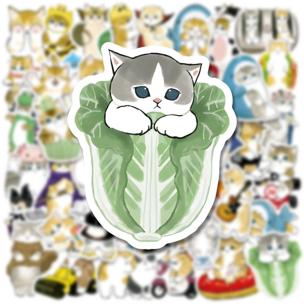50Pcs Kawaii Cat Cartoon Sticker Cute Animal Decals Kids Toys DIY Scrapbook Laptop Stationary Guitar Suitcase Car Sticker
