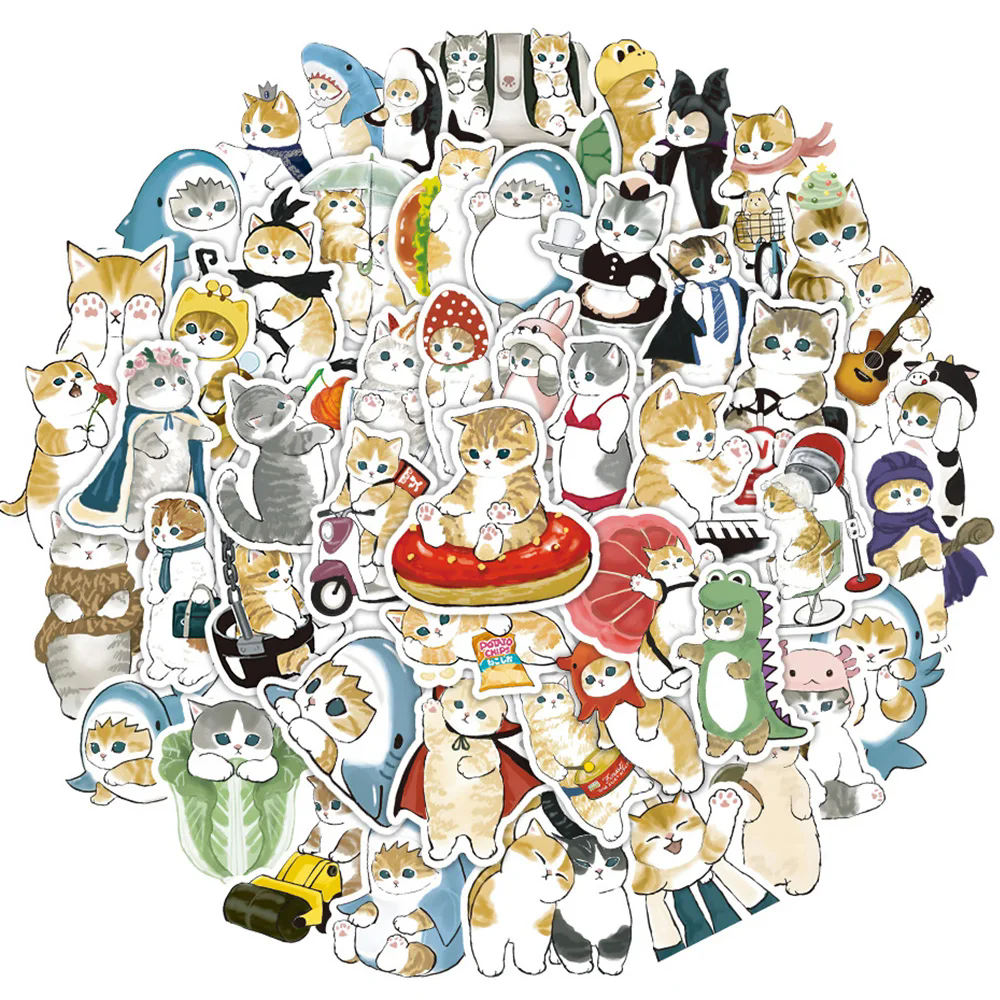 50Pcs Kawaii Cat Cartoon Sticker Cute Animal Decals Kids Toys DIY Scrapbook Laptop Stationary Guitar Suitcase Car Sticker
