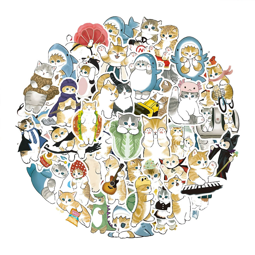 50Pcs Kawaii Cat Cartoon Sticker Cute Animal Decals Kids Toys DIY Scrapbook Laptop Stationary Guitar Suitcase Car Sticker