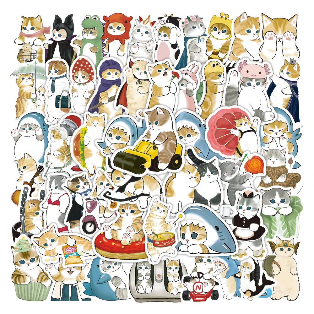 50Pcs Kawaii Cat Cartoon Sticker Cute Animal Decals Kids Toys DIY Scrapbook Laptop Stationary Guitar Suitcase Car Sticker