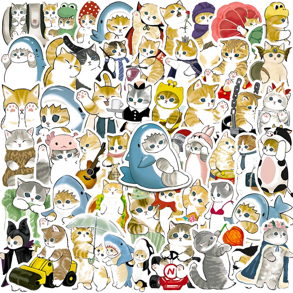 50Pcs Kawaii Cat Cartoon Sticker Cute Animal Decals Kids Toys DIY Scrapbook Laptop Stationary Guitar Suitcase Car Sticker