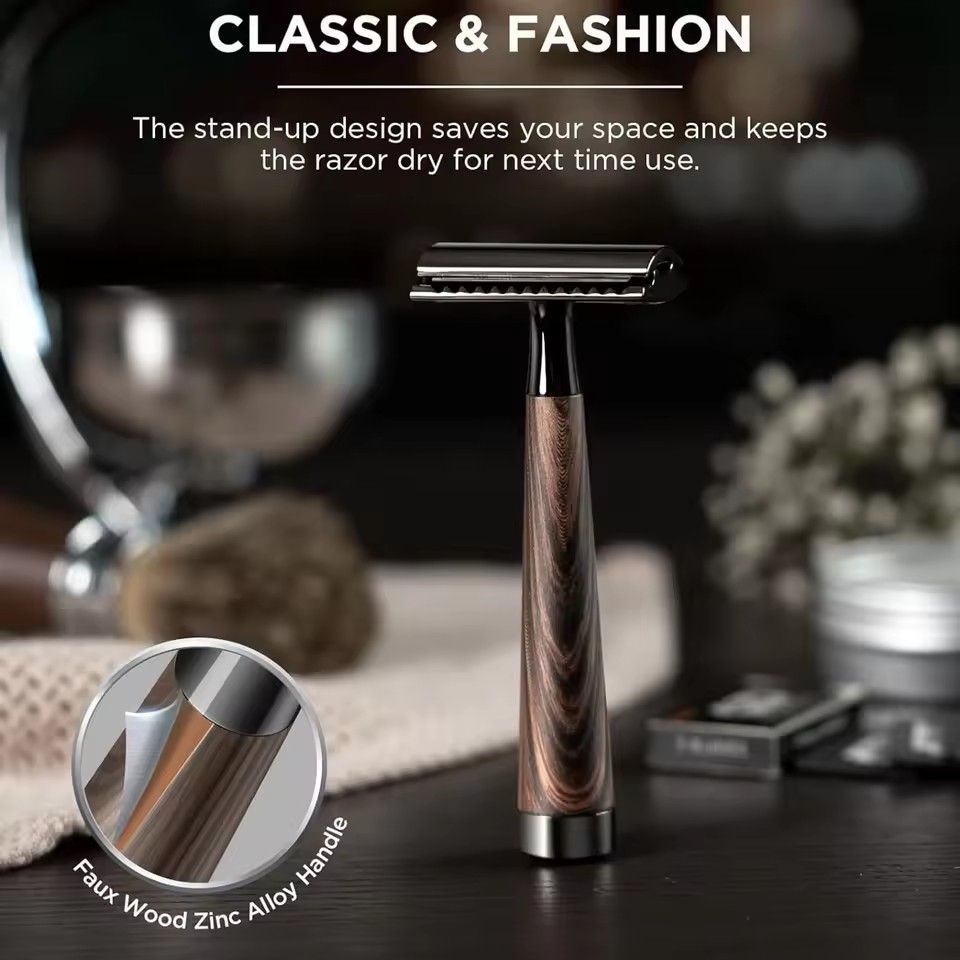 Double Edge Safety Razor, Faux Wood Zinc Alloy Handle Razor with 5 Swiss Stainless Steel Blades, Heavy Duty Eco-Friendly Razor f